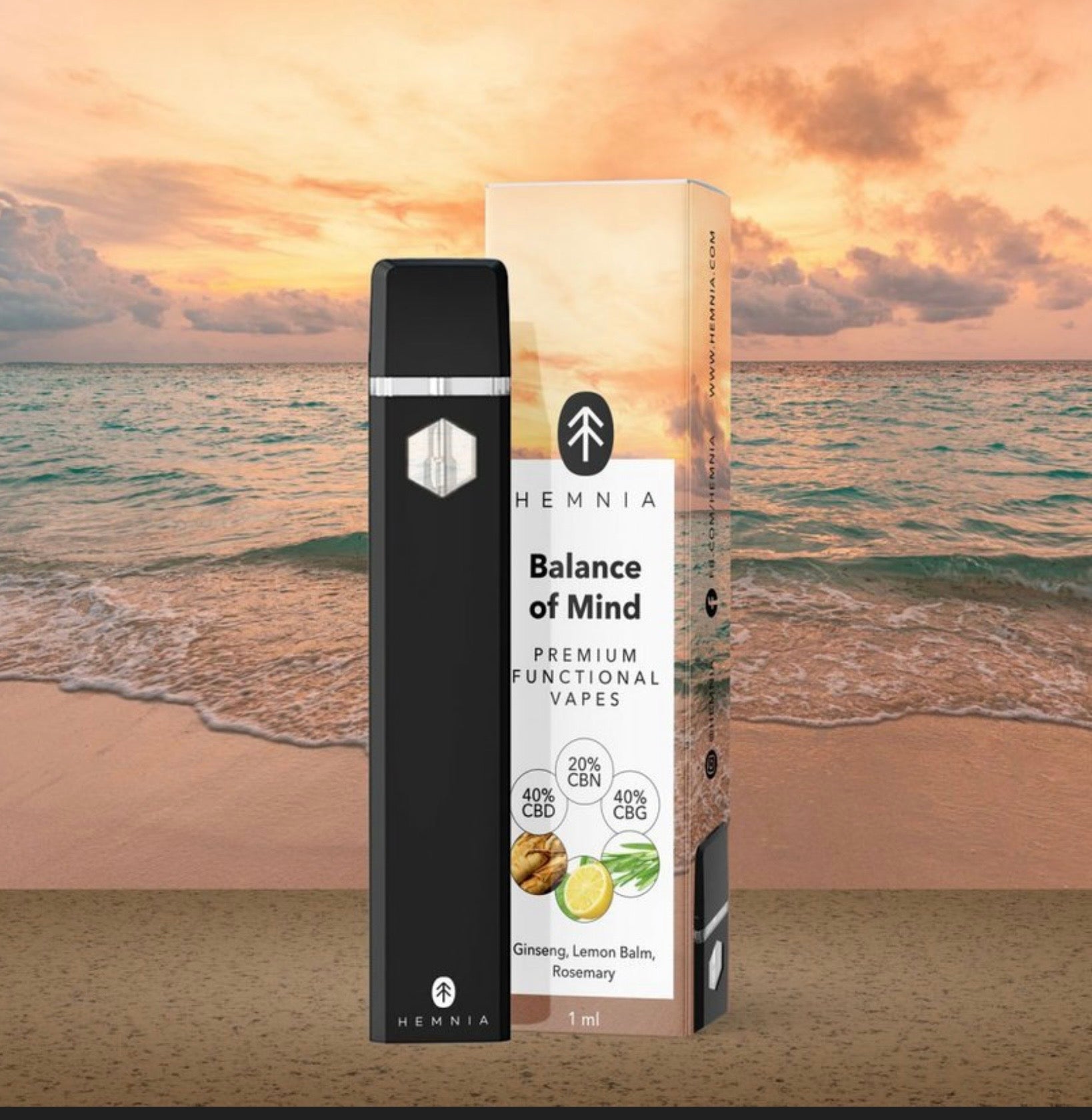 Hemnia Premium Functional Vape Pen Balance of Mind – 40 % CBD, 40 % CBG, 20 % CBN, Ginseng, Zitronenmelisse, Rosmarin, 1 ml